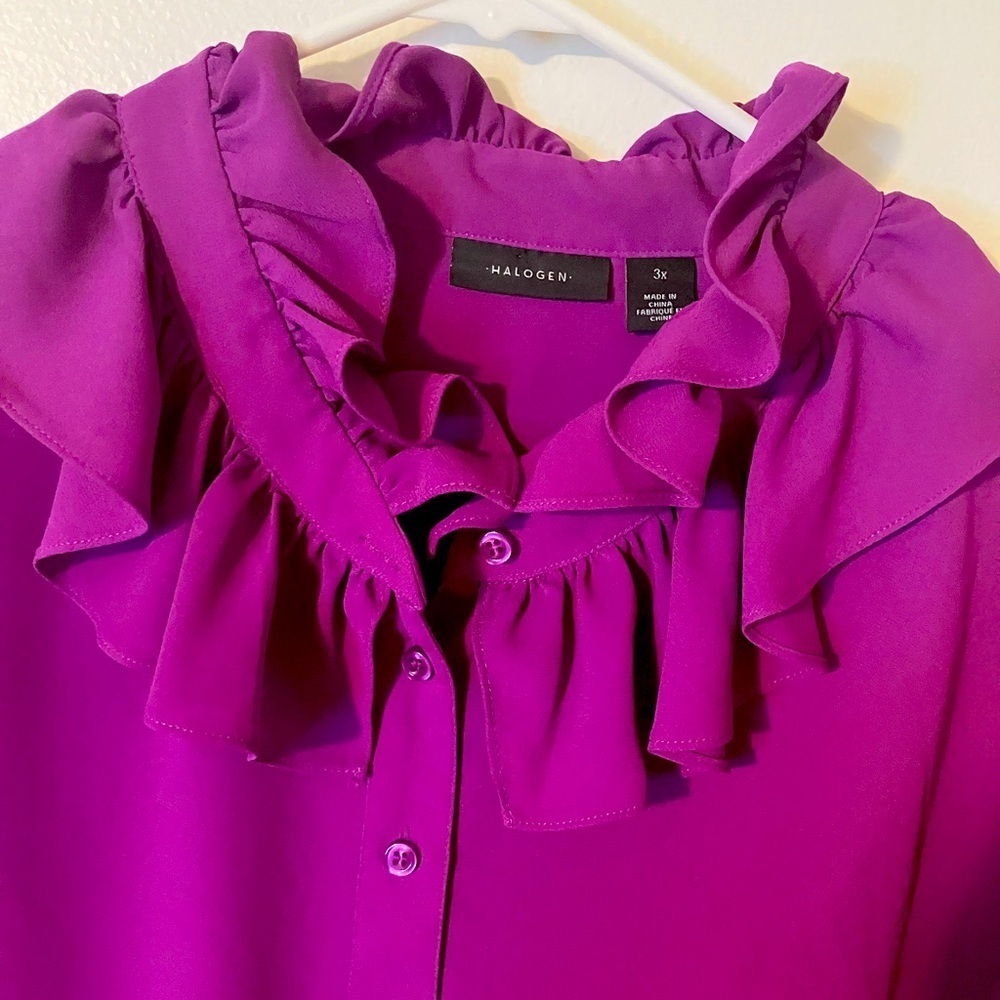 Halogen Ruffled Button-Down Blouse in Magenta - Picture 3 of 5